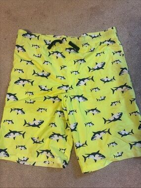 Kids Neon Yellow Shark Print Swim Trunks